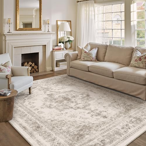 Area Rug 6x9 Beige Washable Living Room Carpet Non Slip Vintage Medallion Indoor Bedroom Carpet Low Pile Soft Retro Distressed Large Rug Home Office Dining Room Playroom