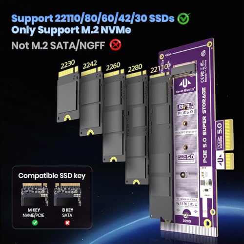 Image of ZORBES PCIe 5.0 X4 to M.2 NVMe Adapter Card for Gen5 SSDs, 128Gbps PCIe 5.0 x4 /x8 /x16 Slot, High-Speed SSD Expansion Card for Gaming /Workstation PCs, Supports 2230 /2242 /2260 /2280 NVMe SSD