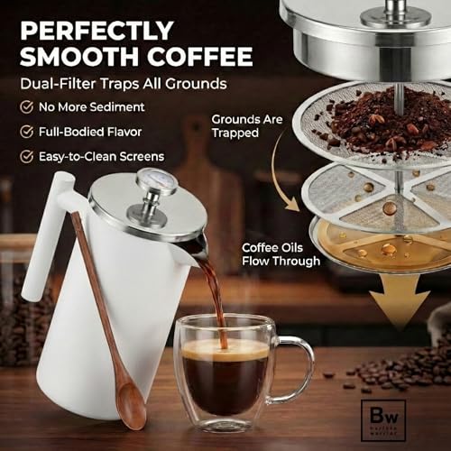 Image of Barista Warrior French Press Coffee Maker - Double-Wall Stainless Steel Insulated French Press with Built-In Thermometer, Dual Filters Coffee Maker with Wooden Spoon - White