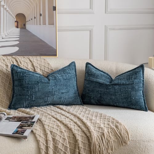 Image of MADIZZ Pack of 2 Chenille Throw Pillow Covers 12x20 Inch Blue Soft Neutral Decorative Throw Pillows for Couch Sofa Boho Accent Cushion Covers Modern Farmhouse Home Decor for Bedroom Living Room
