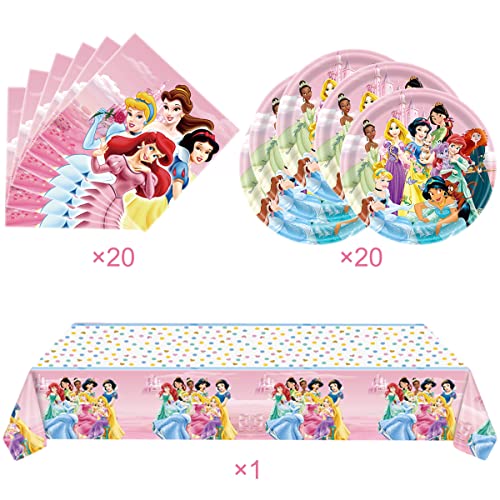 41Pcs Princess Birthday Party Supplies ,20 Plates + 20 Napkin + 1Tablecloth Princess Party Decorations Supplies ， Kids Party Decoration Supplies #TOP1