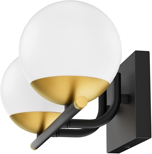 Miniatura 7 de Ralbay Lámpara de tocador de baño negra y dorada con 2 luces de mediados de siglo, moderna lámpara de pared de globo de vidrio lechoso negro para