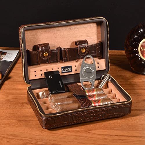 Volenx Portable Travel Leather Cigar Case, Cigar Humidor with Cigar Cutter and Lighter for 4 Cigars