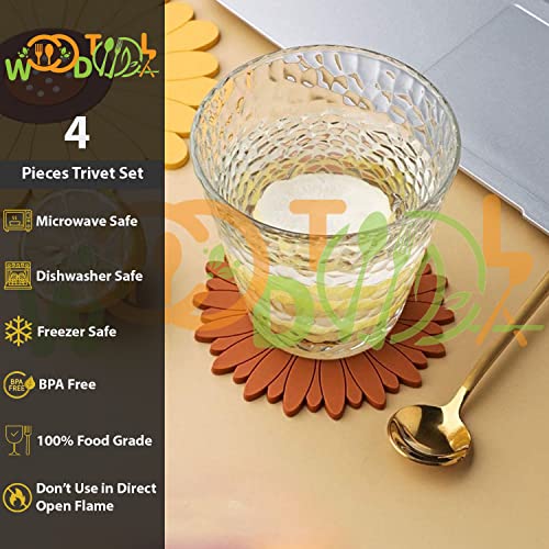 Image of Silicone Trivet Mat - Sunflower Hot Pot Holder Pads - Coasters for Kitchen - Placemat for Hot Dishes - Hot Pads for Table (Set of 4, Small, Brown)