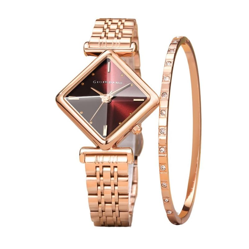 Rose Gold Analog Watch for Women with Bracelet Set – Diamond-Shaped Shimmer Dial, Crystal Detailing & Stainless Steel Strap – Elegant Gift Combo for Women-image-7
