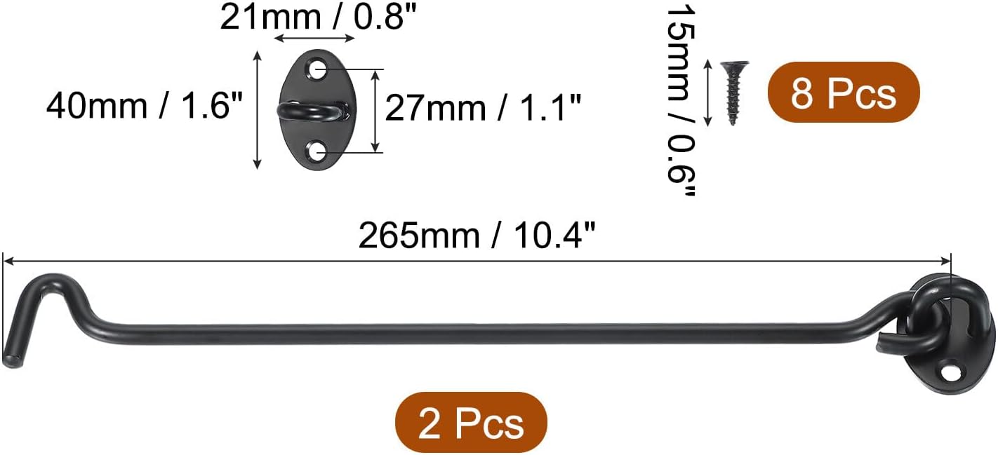 2 Set Hook and Eye Latch Barn Door Lock Gate Latch 10" with Screws Black