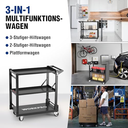 WORKPRO Servierwagen 3-in-1, Klappbarer Wagen 3 Etagen, Rollwagen klappbar, Dienstwagen mit Rädern, für Küche, Hotel, Werkstatt, Kunststudio und Galerie