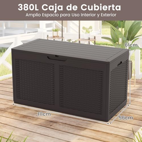 COSTWAY Baul Almacenaje Exterior 380L, Arcon Jardin Exterior de Resina, Impermeable con Tapa Bloqueable, Armario Resina con 2 Ruedas, Terraza, 111 x 56 x 61 cm (marrón) - imagen 6