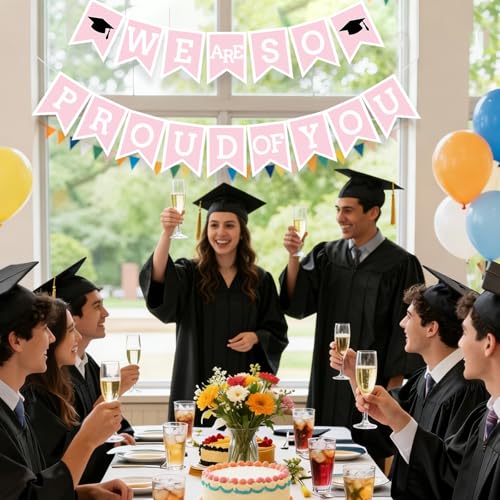 Image of Pink We Are So Proud Of You Banner Congrats Grad Cap Bunting Flag Grad Party Decoration Idea