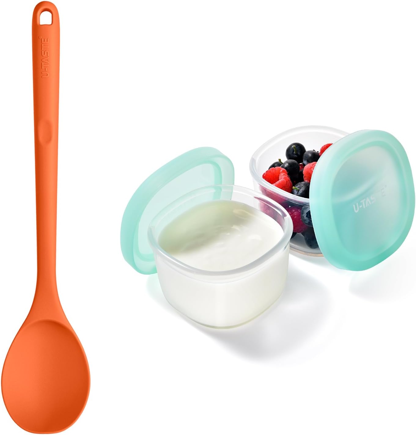 U-Taste 13.3" Solid Cooking Spoon 600ºF Heat Resistant Kitchen Mixing Spoon (Orange) and 6oz Small Snack Containers Food Grade Liquid Silicone Storage Set of 2 (Aqua Sky)