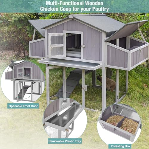 Chicken Coop Outdoor Super Easy to Assemble Large Hen House Wooden Poultry Cage with Nesting Box and Run (Grey)