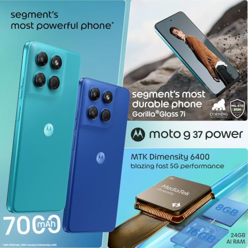 Image of Motorola g37 Power (Pantone Capri, 4GB RAM, 64GB Storage) | MediaTek Dimensity 6400 Octa-Core Processor | 50MP AI Rear Camera | 8MP Front Camera | 6.66-inch HD+ 120Hz Display | 7000mAh Battery