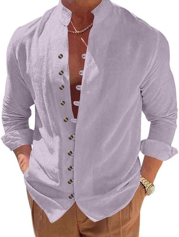Mens Long Sleeve Stand Collar Shirt Lightweight Polyester Casual Button Design Daily Wear Top