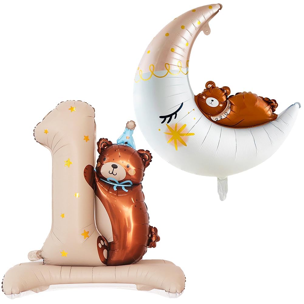 2 PCS Giant Bear Foil Balloon, 33-38 inch Large Brown Bear Balloons,Bear Theme Birthday Decorations Number 1 Ballon 1st Birthday Balloons First Party Supplies for Shower