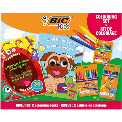 BIC Kids Set Para Colorear. Incluye 2 Libros para Colorear, 3 sets de 12 Rotuladores, 12 Lápices de colores y 12 Crayones. Regala Diversión a los Niños. Explora y Crea sin Límites