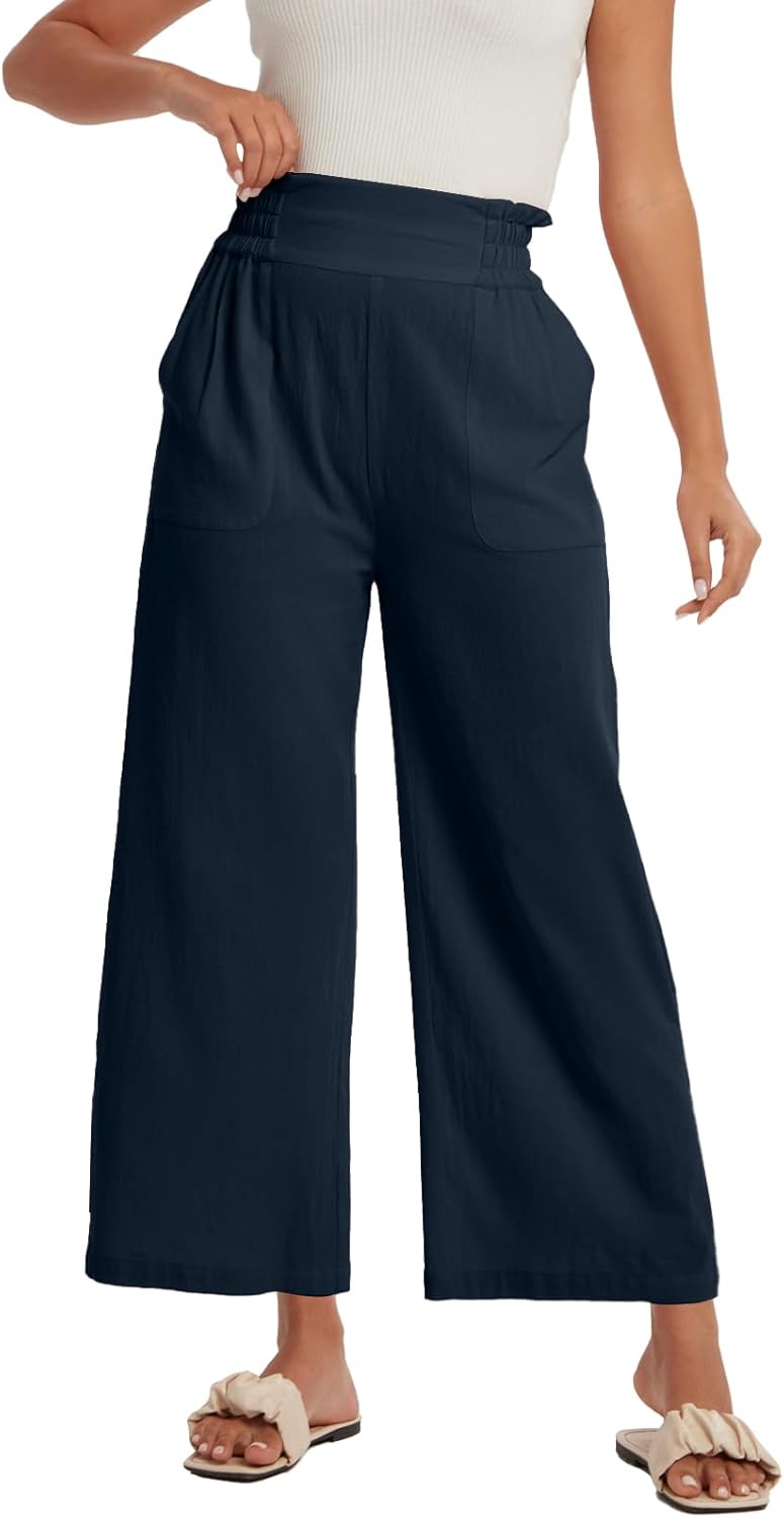 Les umes Women's High Waist Wide Leg Pants Cropped Cotton Summer Casual Trousers with Side Pockets