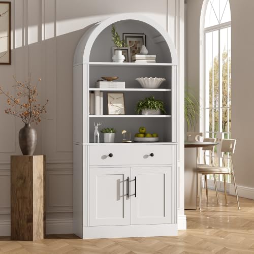 Image of Farmhouse Arched Bookshelf with Storage Cabinet (White Style3)