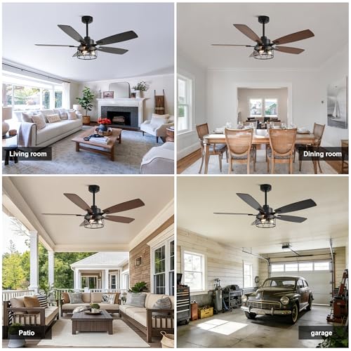 Image of 52 inch Farmhouse Ceiling Fan with Lights Remote Rustic Ceiling Fan | Caged Black Fandelier Industrial Chandelier Light for Bedroom Living Room, Reversible 6 Speeds, 3 E12 Bulbs (Not Included)