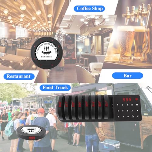 LOUKIENE Restaurant Pager System, 10 Coaster Pagers, Wireless Beepers with Vibrate Flash Buzzer, Independent Quick Pairing Slot, for Food Truck Church Clinic Nursing Home Pub Bar