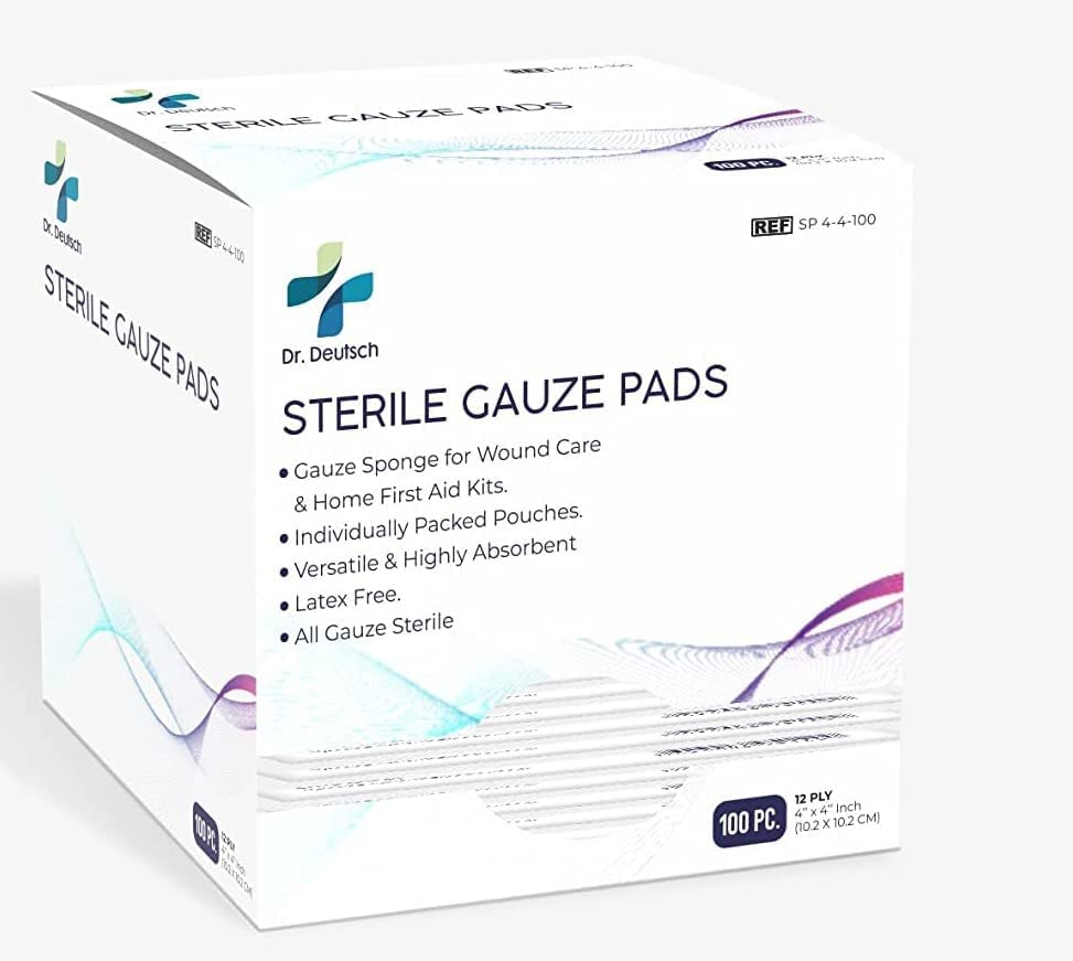 DR. DEUTSCH Sterile Gauze Pads 4’’x 4’’ (10 x 10 CM) for Wound Dressing Pack of 100 Individually Packed Pouches, 12-Ply Cotton & Highly Absorbent, Sponge-Pads Care Home First Aid Kits