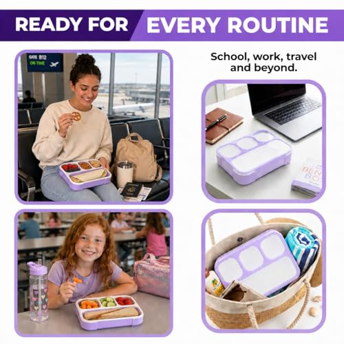 Image of kinsho Bento Lunch Box for Kids Women Adults Girls School Work | Snack Containers for Toddlers Tweens | 4 Divided Sections for Portion Control includes Utensils BPA Free | Purple
