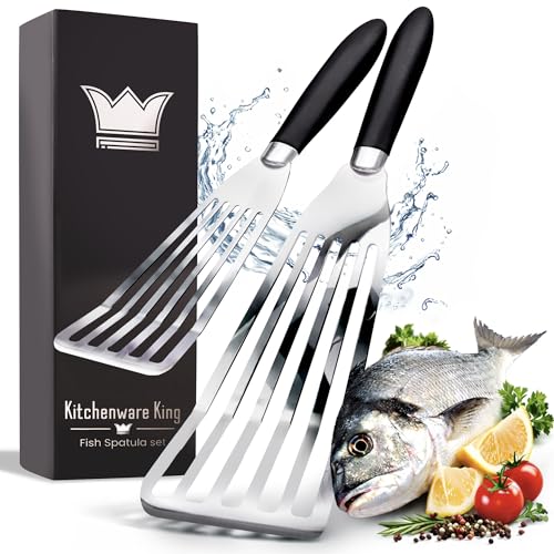 Professional Fish Spatula Stainless Steel Set - 1 Large + 1 Small stainless steel spatula - mirror polished spatulas with heat resistant ergonomic handles - fish turner for Flipping Frying & Grilling