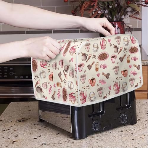 Image of Toaster Dust Cover 2 Slice, Microwave Toaster Oven Grill Cover Stain Resistant Dustproof Kitchen Small Appliance Cover with Top Handle for Kitchen, Coffee Pink Beige