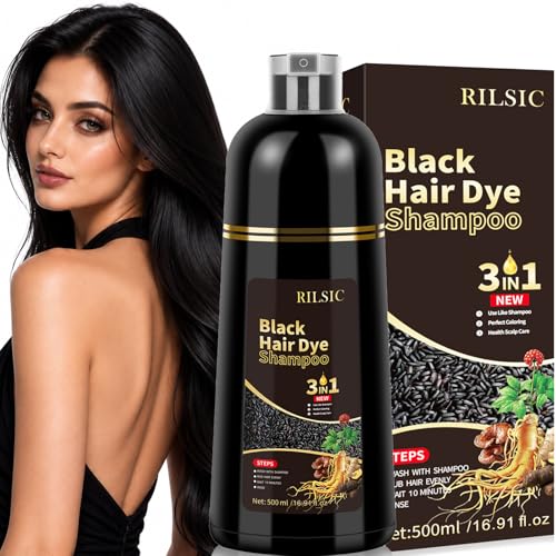 Hair Dye Shampoo 3 en 1 Cubre Canas, 500ML Black Hair Dye Shampoo 3 en 1,Hair Color, Champú Color Tinte Pelo Barba Champu Canas Instantáneo (Negro, 500)