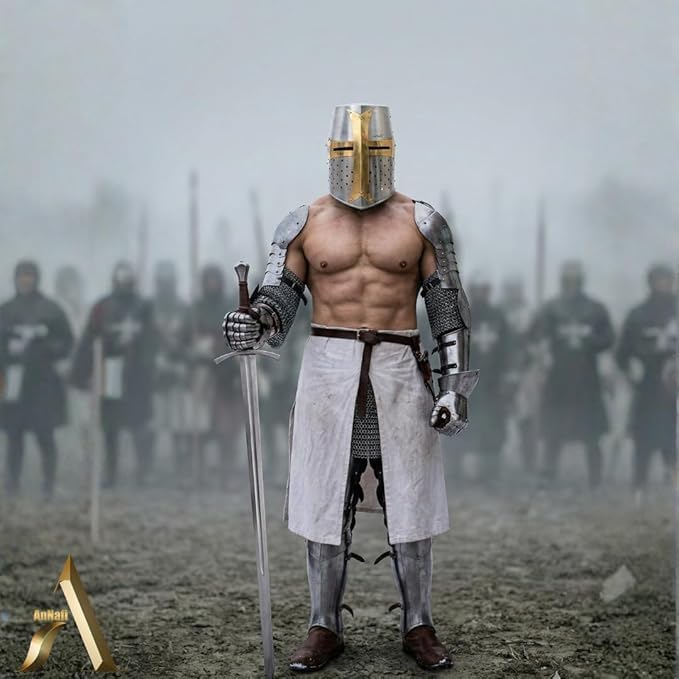 Brass Crusader Helmet | Medieval Metal Knight Helmets | PREMIUM QUALITY with Fitted LEATHER LINER | Dark Crusades Helmet Wearable for Adult | Medieval Costumes - RolePlay Gift