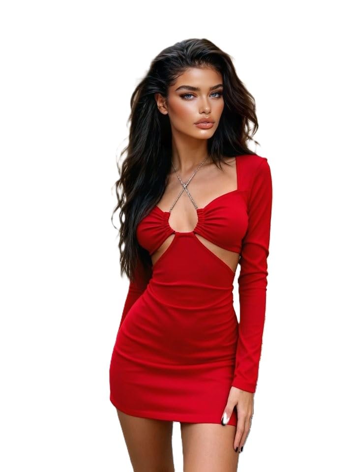 Générique Robe Femme Moulante à Manches Longues, Découpe Frontale, Mini Robe Bodycon, Noir, Blanc, Rouge (FR/ES, Alpha/lettres, TTG, Grande taille, Taille courte, Rouge)