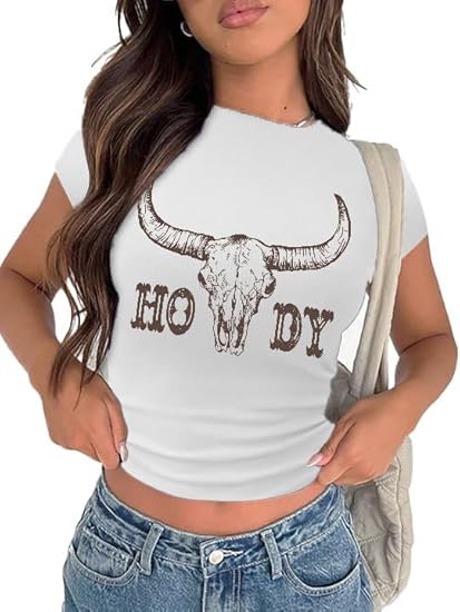 Tewmeu Cowgirl Outfits for Women Crop Tops for Teen Girl Y2k Clothes Cowboy Country Concert Graphic Tee Tops