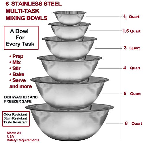 Homearray Stainless Steel Mixing Bowls Set (Set Of 6) - Polished Mirror Kitchen Bowls, Nesting Bowls For Space Saving Storage, Ideal For Cooking, Baking & Serving, Food Prep & Salad Prep. #TOP2