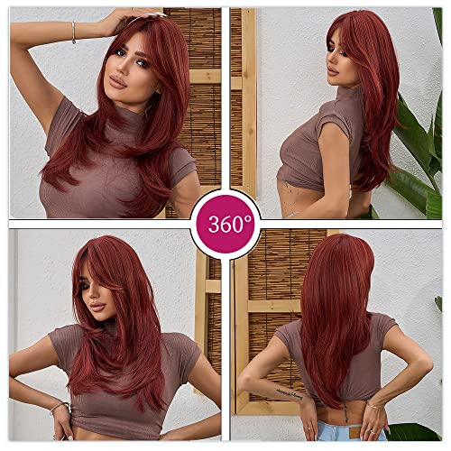 Esmee Long Straight Wine Red Wigs for Women Synthetic Layered Burgundy Synthetic Hair Wig with Fringe for Daily Party Cosplay Use-20 Inches - Image 4