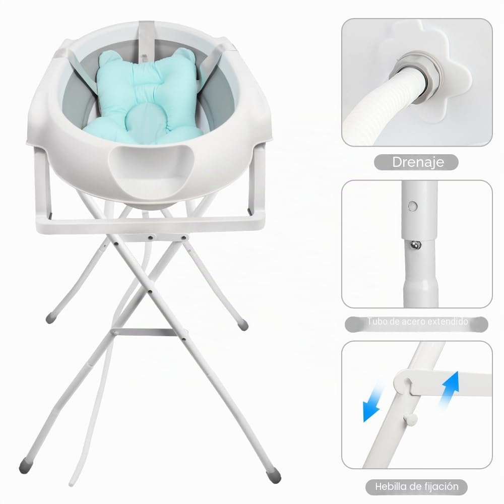 Bañera para bebé con soporte de 84,5 cm, bañera de bebe sobre pie, segura y cómoda, cuenca plegable para bebe con termómetro y cojín de baño (63 x 60 x 84,5 cm, gris)
