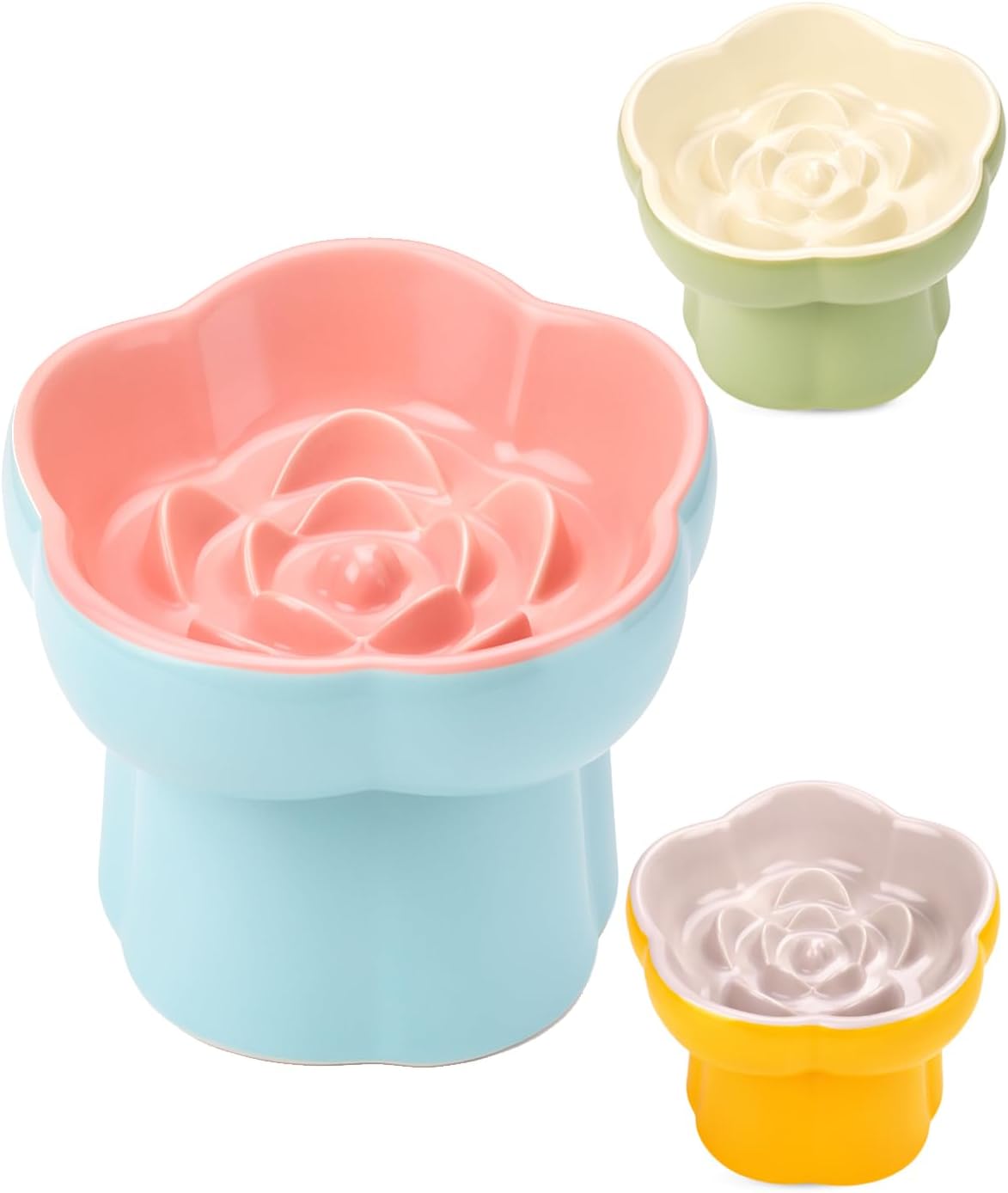 Ceramic Elevated Slow Feeder Cat Bowl Set with Feeding Mat & Measuring Scoop, Raised Tilted Puzzle Bowl for Cats & Small Dogs, Whisker Friendly Pet Feeding Dish for Dry Wet Food (Green)