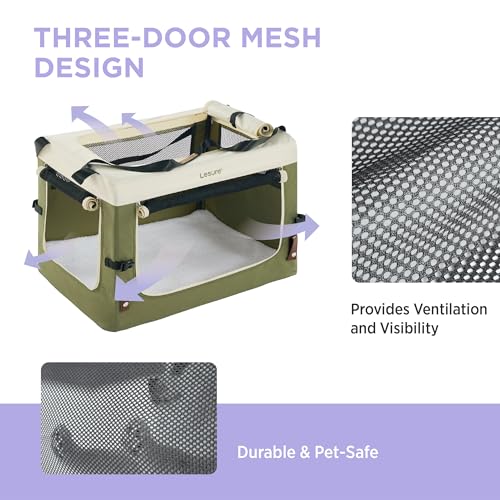 Lesure Collapsible Travel Dog Crate for Small Dogs, Portable Soft Dog Crate for Outdoor & Indoor, Folding Fabric Dog Kennel with Handle, 24 Inch Heavy Duty Pet Carrier (Green)