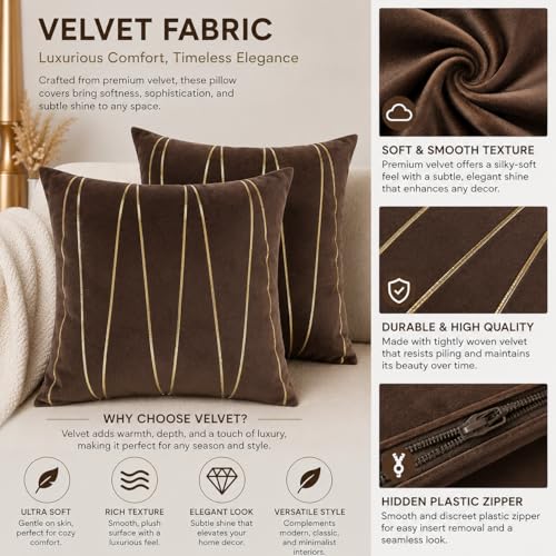 Image of Amazon Brand - Umi Gold Leather Striped Pack of 2 Throw Pillow Covers Velvet Decorative Cushion Covers Cases for Sofa Bedroom Livingroom Car 24 x 24 in Coffee Color