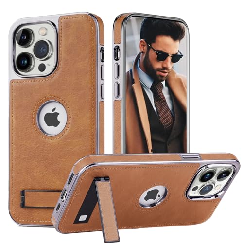 Furwabo Coque pour iPhone 14 Pro Max avec Béquille, 2 Modes de Support Réglables, Bords Galvanisés de Luxe, Protection Complète Contre Les Chutes Arrière Fine Housse pour iPhone 14 Pro Max (Marron)