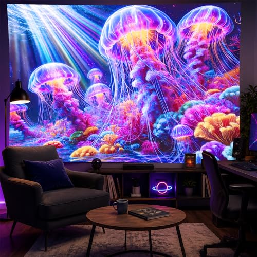 Image of BlissYard Black Light Tapestry UV Reactive Tapestry Glow Tapestry Blacklight Tapestry 78x59 Inches Neon Jellyfish Wall Hanging, Fluorescent Art Decoration with Colorful Sea Life, Oceanic Theme