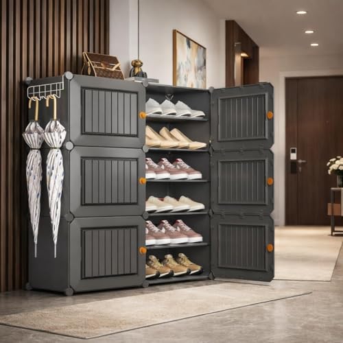 Image of Mevigo Plastic Shoe Rack for Home with Door | 12-Tier Stackable Shoe Organizer | Holds 24 Pairs |Waterproof & Dustproof | DIY Modular Shoe Cabinet |Chappal Slipper Stand for Bedroom -HA2