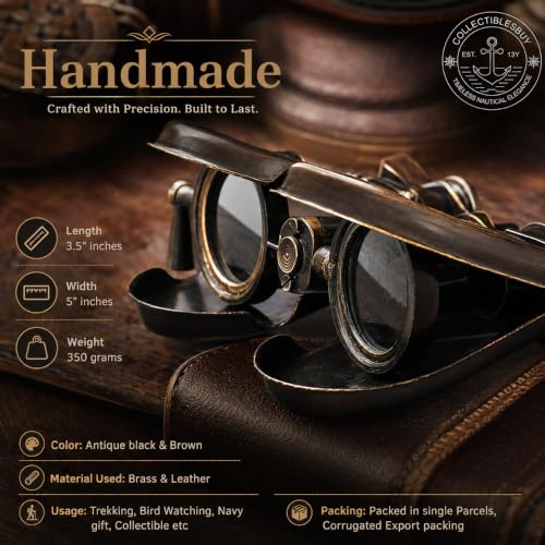 Binoculares vintage de latón con estuche de cuero miniatura 4