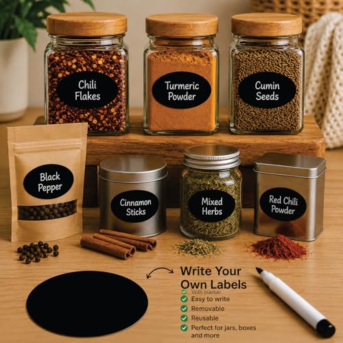 Image of CVANU Spice Jar Label Stickers (100PCS - Black) Self-Adhesive Kitchen Container Labels with White Marker | Matte Writable Stickers for Spice Bottles, Storage & Masala Boxes | Oval Design Blank Labels