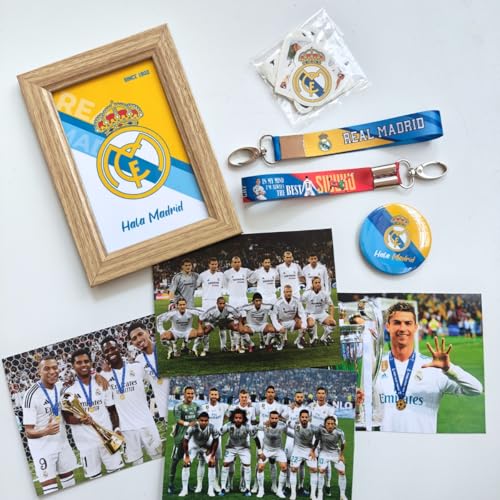 Image of TenorArts Real Madrid Gift Box Merchandise for Fans - 5x7 Inches Laminated Photo Frame, 2 Keychain, 1 Badge, 4 4x6 inches Sized Posters, 15+ Multi sized Players Stickers - 5 items in 1 Box