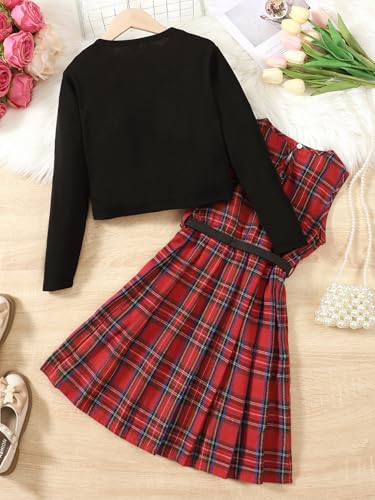 Image of PureChapter Girls' Preppy Clothes Plaid Vest Dress Cardigan Jacket Belt Cute Kids Clothes 7-14Y Green