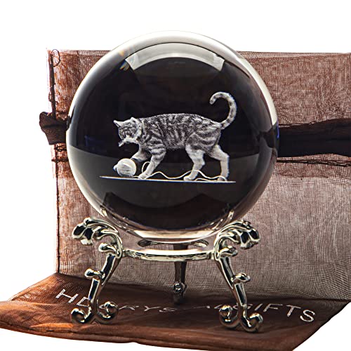 HDCRYSTALGIFTS 60mm 3D Cat Crystal Ball Figurine Gifts for Women Men Glass Laser Engraved Animal Cat Kitty Crystal Ball with Stand Paperweights Glass Sphere Ball Ornaments Decor Gifts for Lovers
