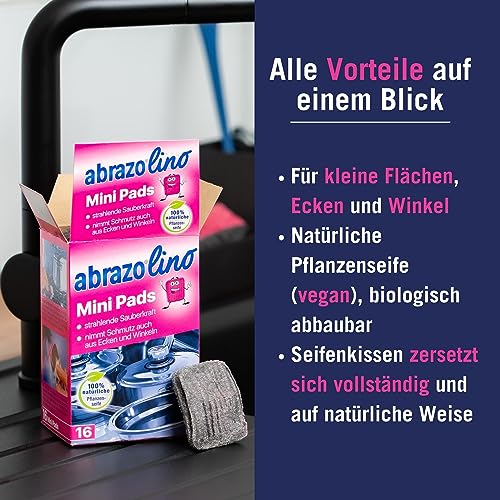 abrazo Minis - 16 Reinigungskissen für Töpfe, Grill, Backofen, handlicher Spülschwamm mit Veganer Pflanzenseife, Küchenschwamm… – Ansicht 3