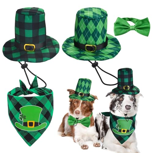 Vehomy 4pcs St Patrick's Day Dog Hat Collar and Bandana Costumes Buffalo Plaid Dog Hats Cotton Dog Shamrock Scarf Bowtie Irish Holiday Day Pet Outfit Accessories for Cats Dogs