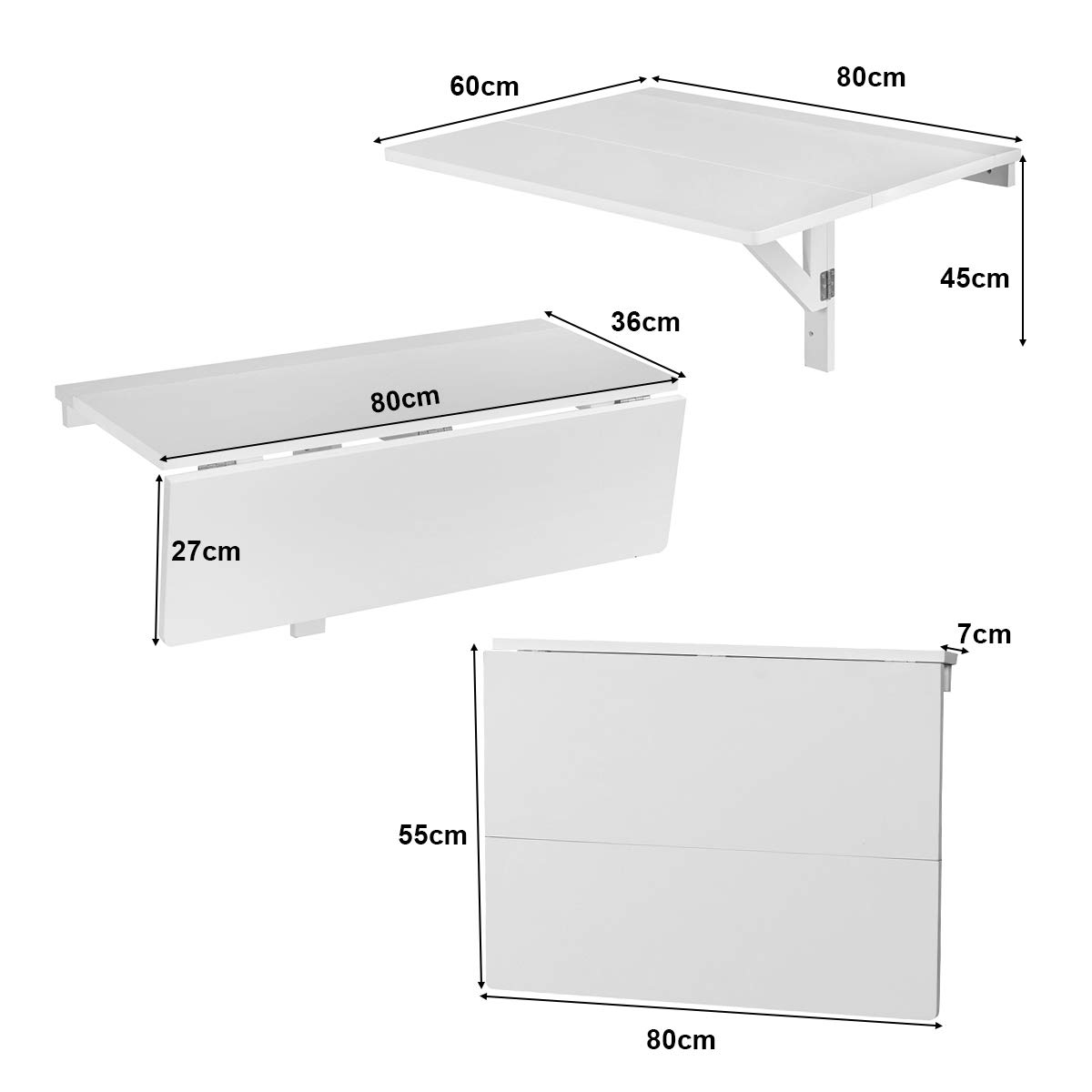 GIANTEX Mesa Plegable de Pared, Escritorio Abatible de Madera, Ahorra Espacio, 80 x 60 x 45 cm, Mesa de Comedor de Pared para Cocina, Salón, Dormitorio (Blanco)
