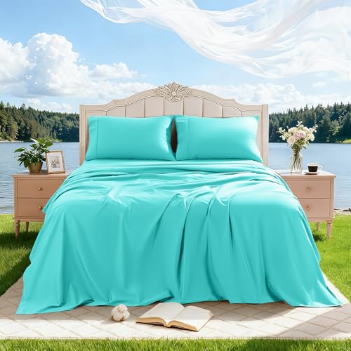Image of 100% Egyptian Cotton Sheet Set 4 Pcs Full Size Sheets 1000 Thread Count Breathable Soft Bedding Set Fitted Sheet with 16 inch Deep Pocket (Full, Lake Green)