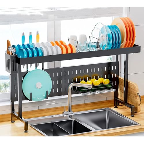 SBCGFY Escurreplatos Ajustable sobre el Fregadero con escurridor Grande, Expositor de Acero Inoxidable para encimera de Cocina con Soporte para Cubiertos y Utensilios, negro-55